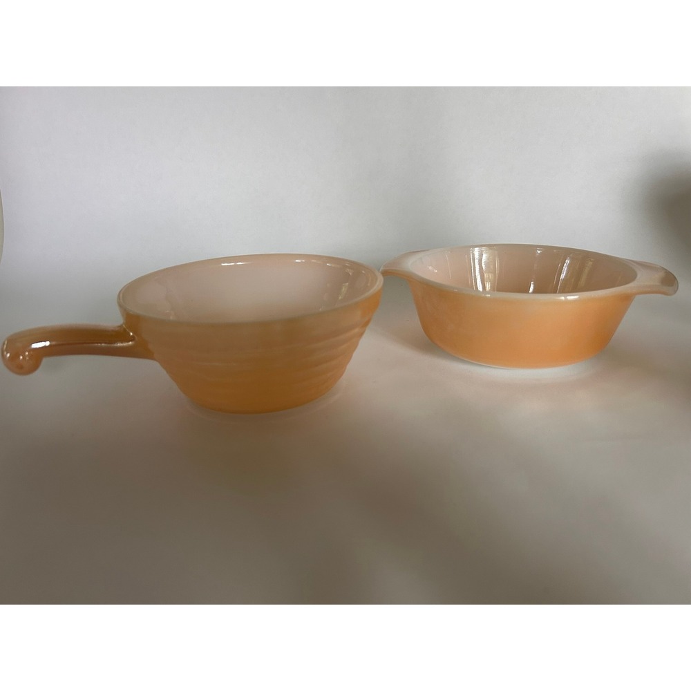 2 Vintage Fire King Iridescent Peach Bowls Handles Beehive Anchor Hocking Luster